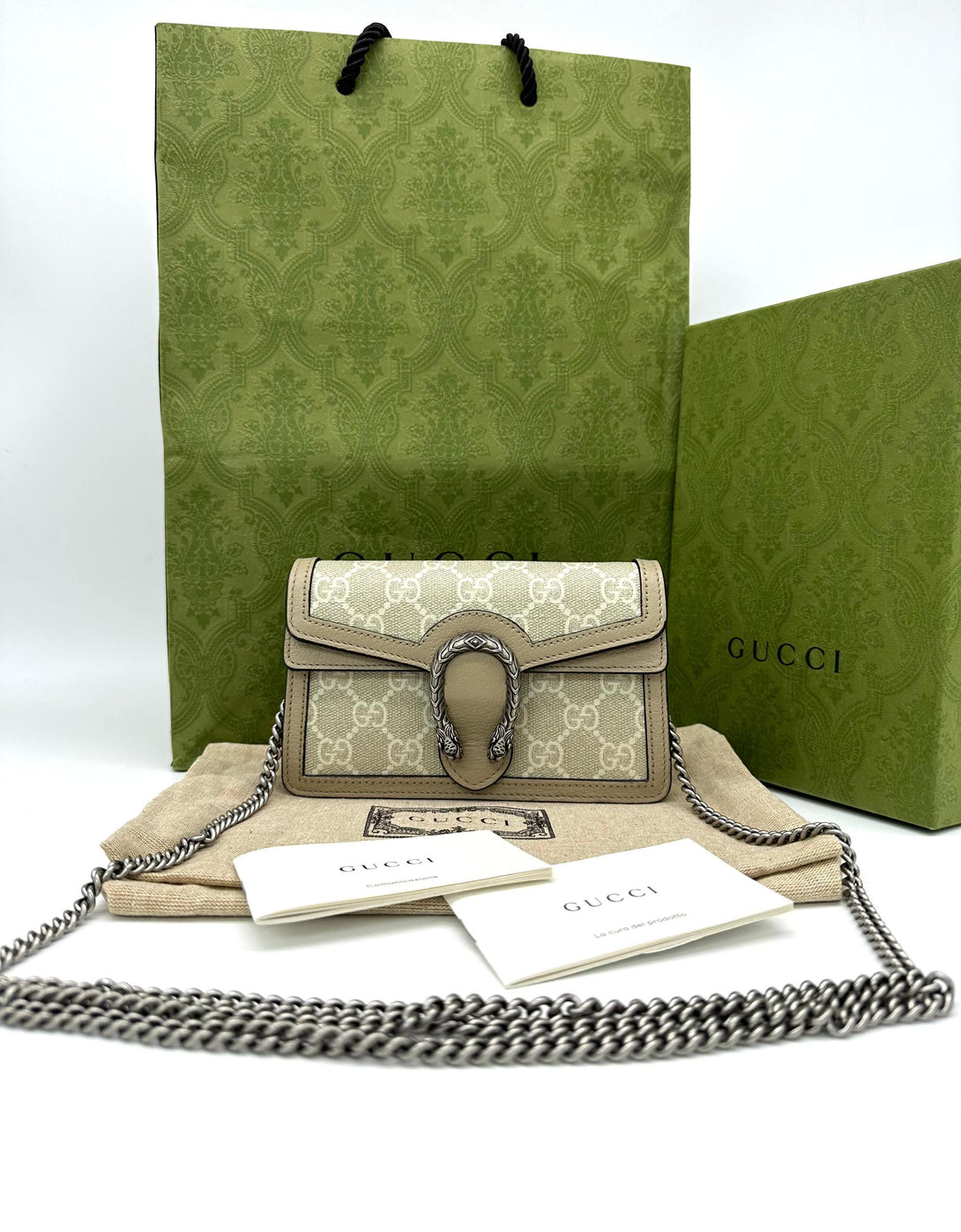 GUCCI Beige & White Dionysus Super Mini Crossbody Chain On Wallet - Reeluxs 