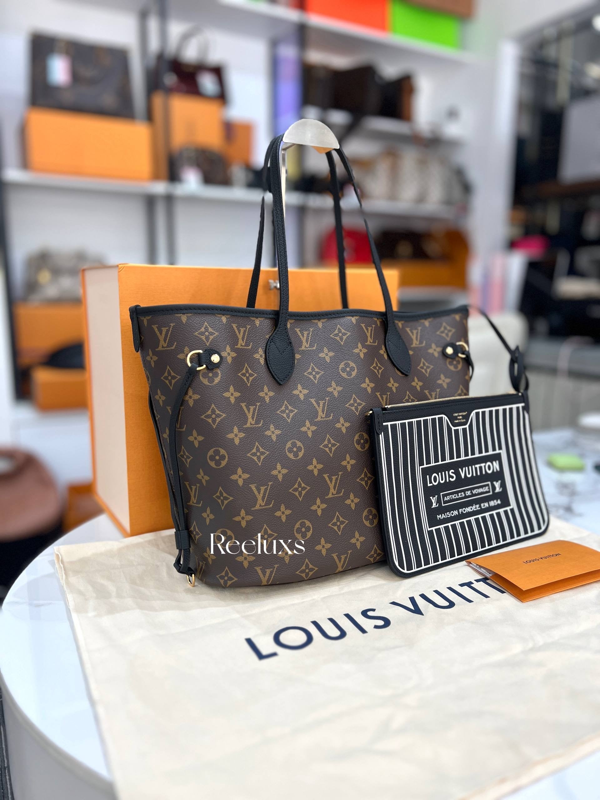 Full Set LOUIS VUITTON Brown and Black Reversible MM Tote Bag