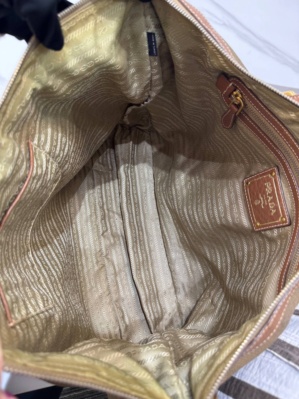 PRADA Vintage Logo Jacquard Canvas Brown Leather Tote Bag