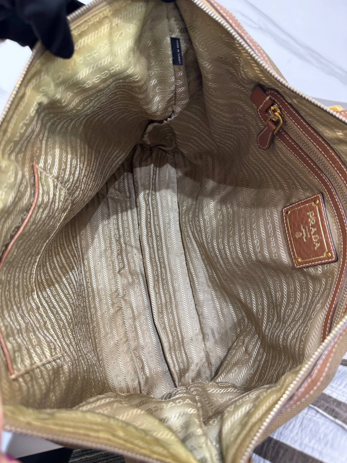 PRADA Vintage Logo Jacquard Canvas Brown Leather Tote Bag