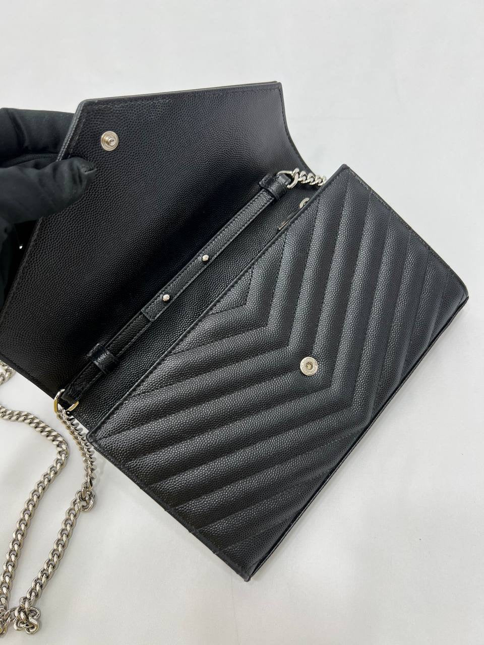 YVES SAINT LAURENT YSL Cassandre Matelasse Envelope SHW Wallet On Chain WOC In Black