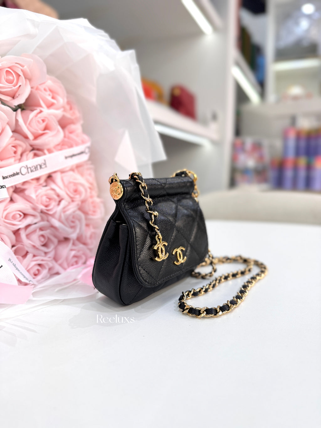 CHANEL Mini Caviar Bar Clutch On Chain