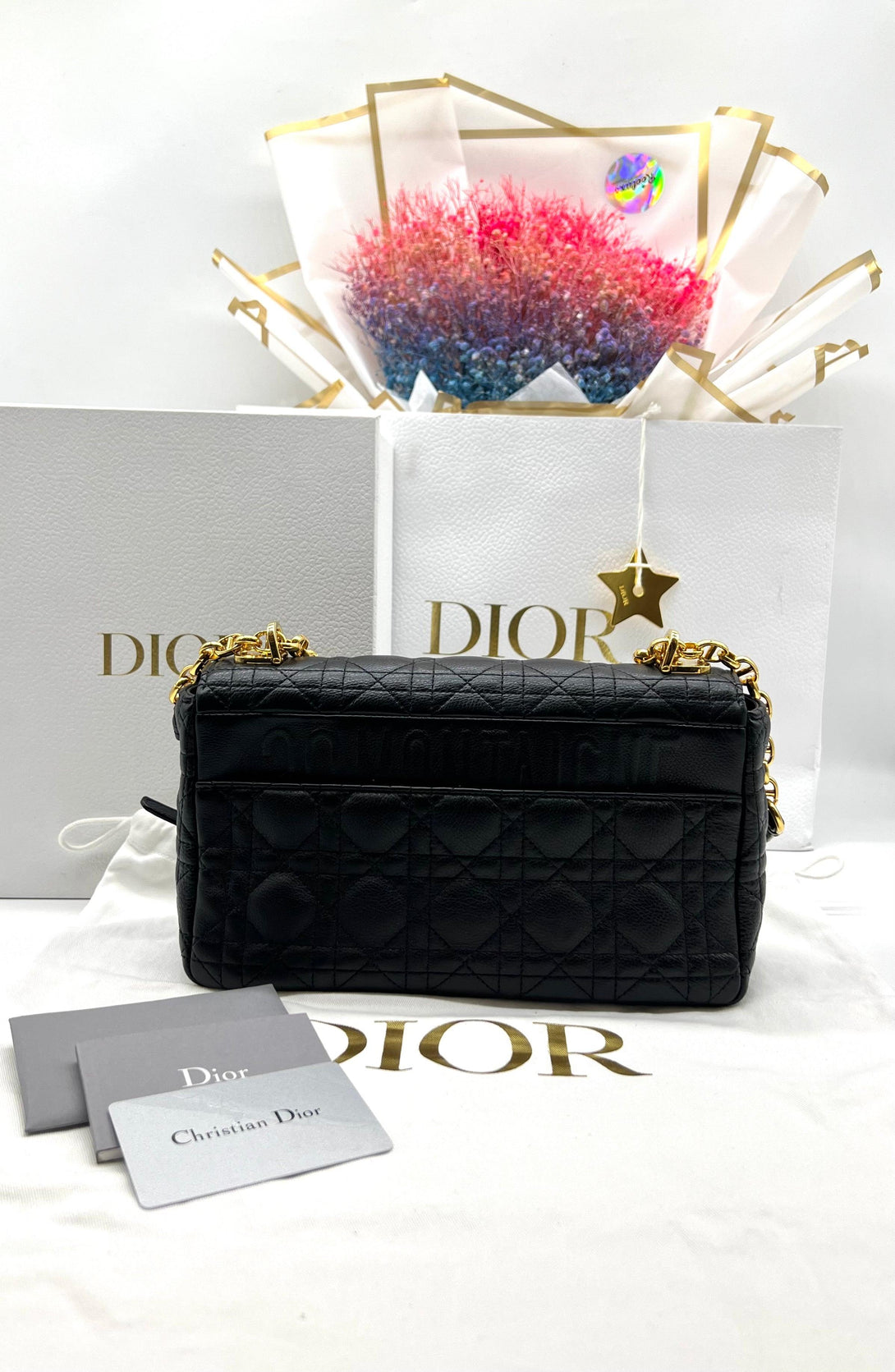 Christian Dior Caro Medium Chain Shoulder Bag Leather Black - Reeluxs 