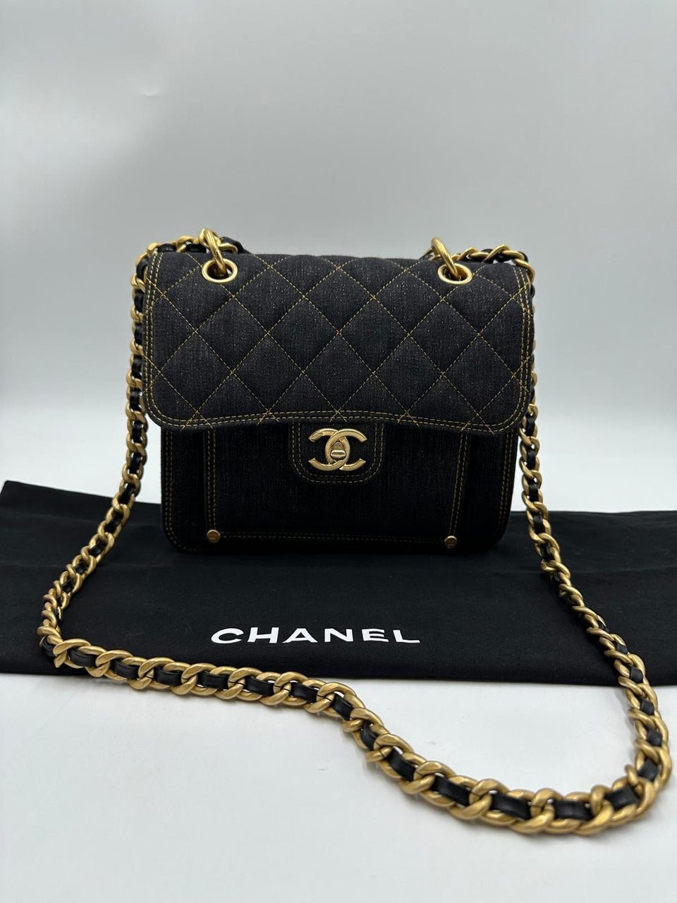 Chanel 2023 Microchip Navy Denim Quilted Double You Square Flap Black Golden - Reeluxs 