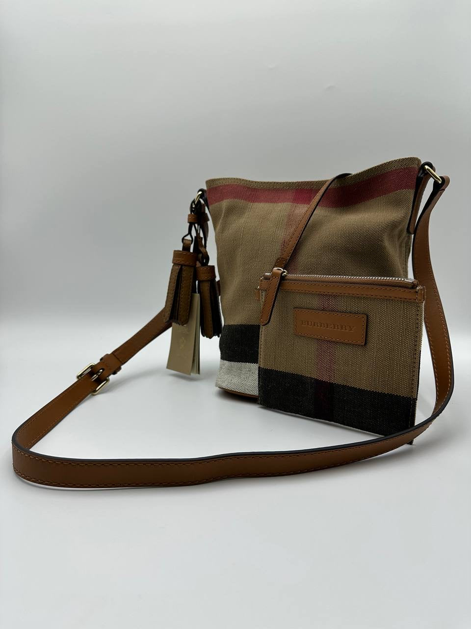 BURBERRY Canvas Mega Check Mini Ashby Hobo Saddle Bag Brown/Beige