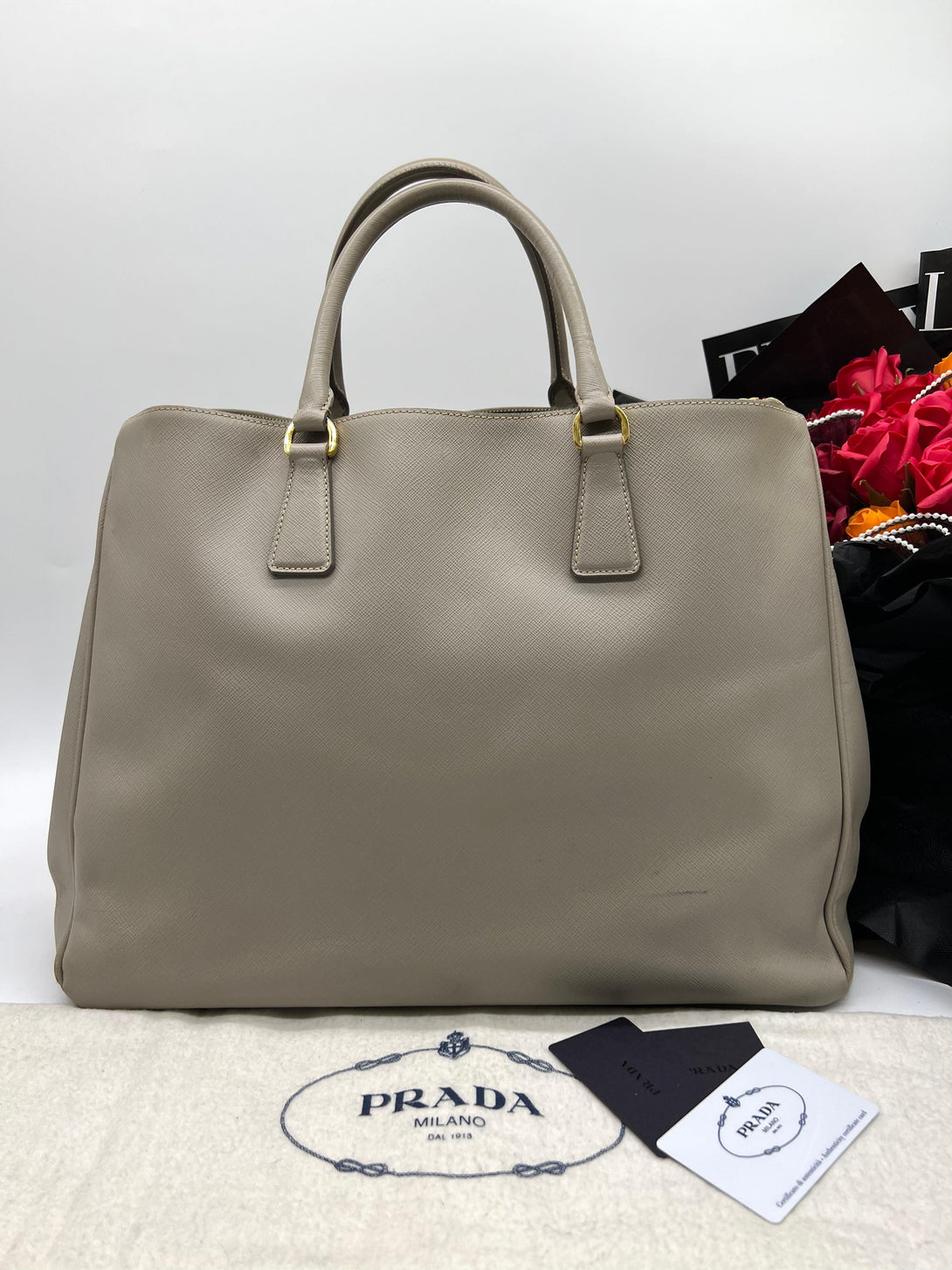 PRADA Beige Leather Executive Double Zip Tote - Reeluxs 