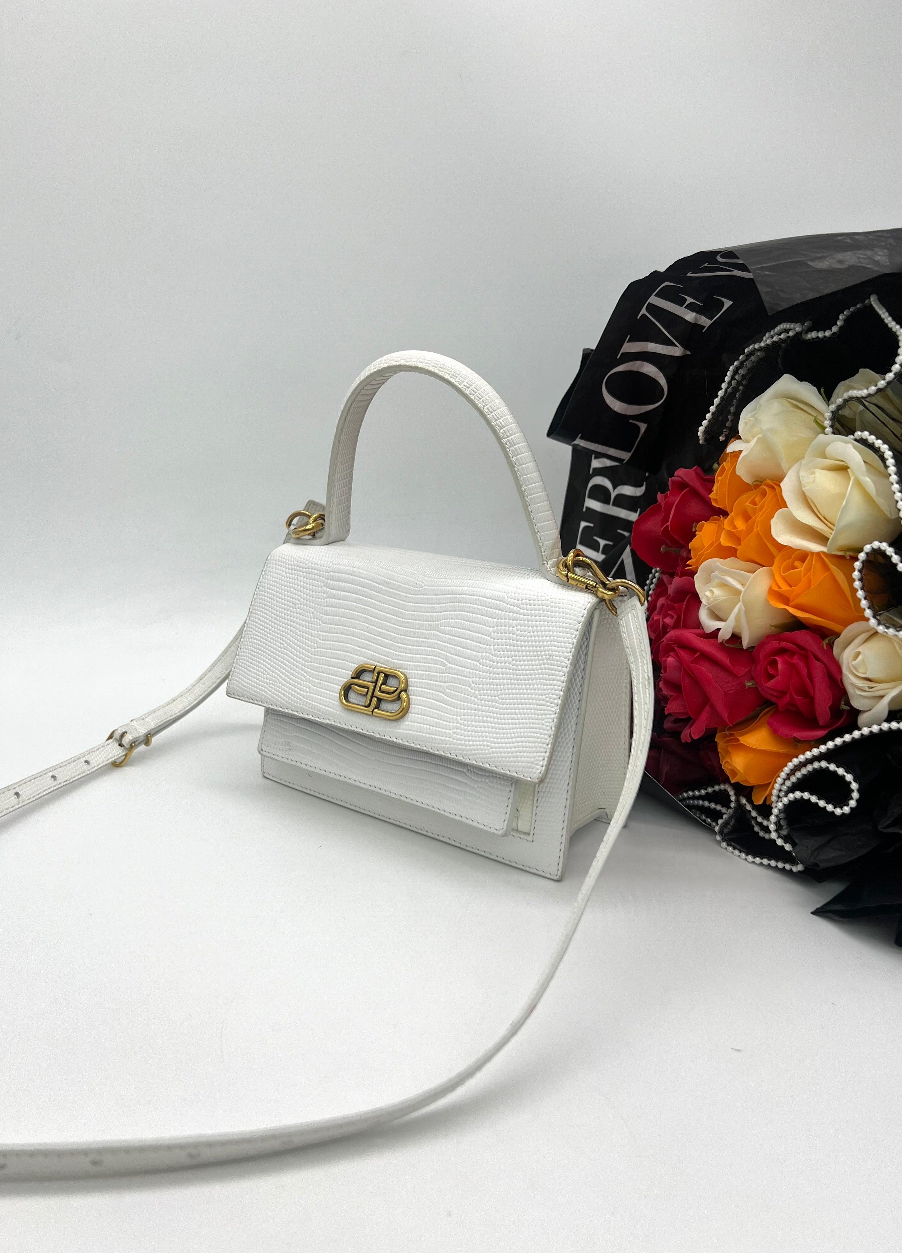 BALENCIAGA White Lizard Embossed Leather Sharp Top Handle Bag - Reeluxs 