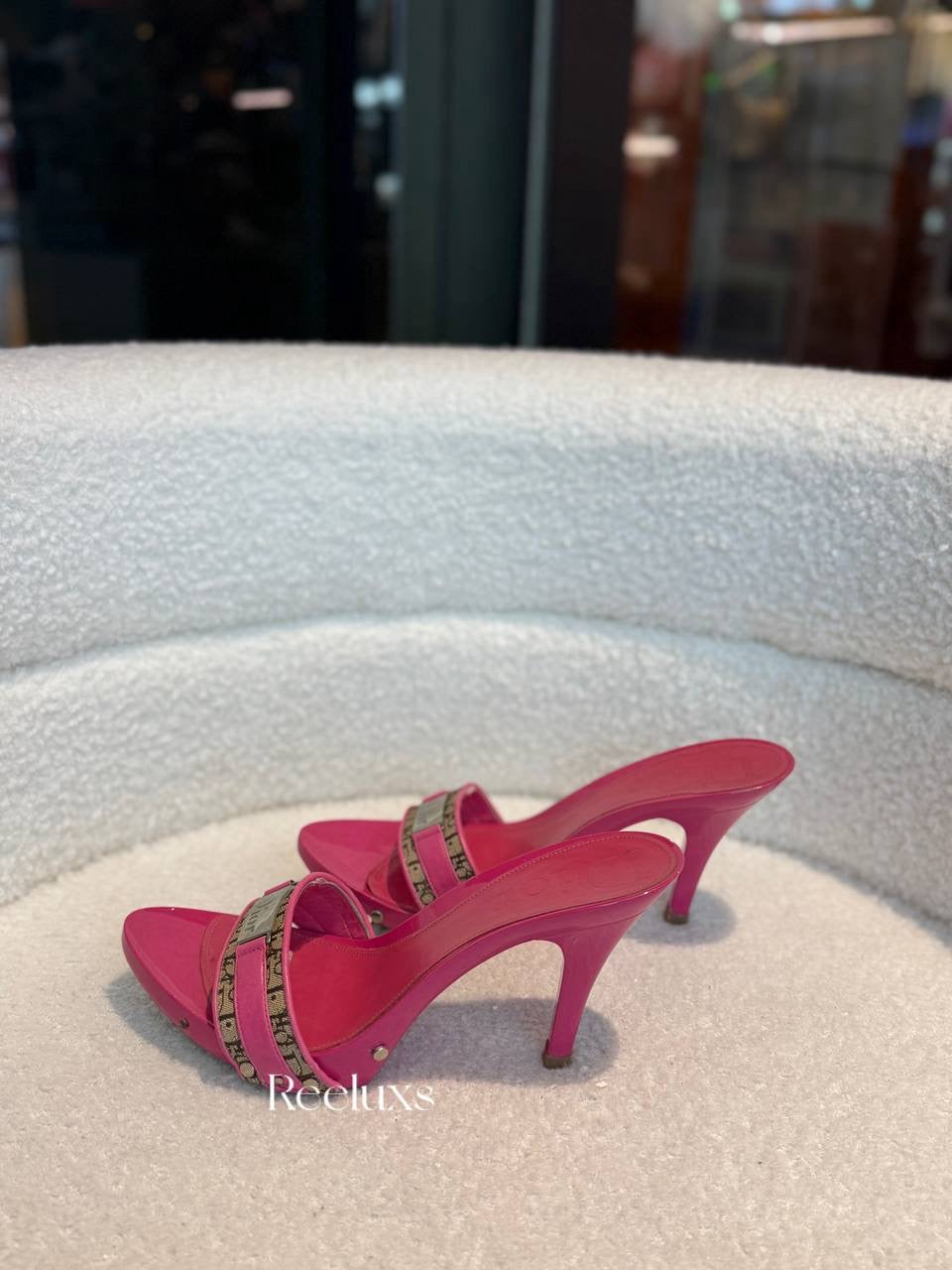 Dior Pink Leather and Beige Canvas Monogram Mules