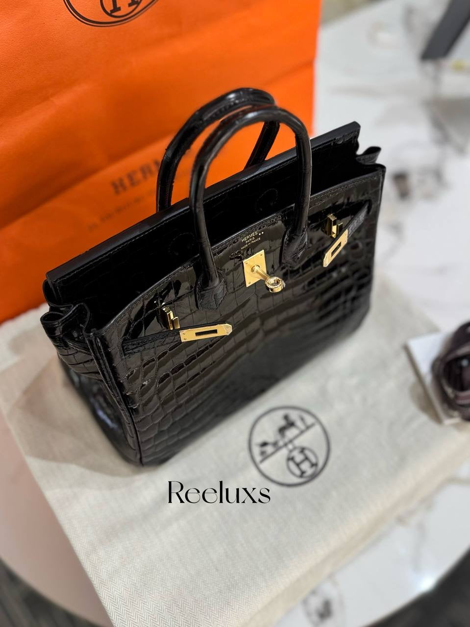 FULL SET As New HERMES Birkin 25 Black Crocodile Shiny Porosus Gold Hardware Handbag ( GHW )