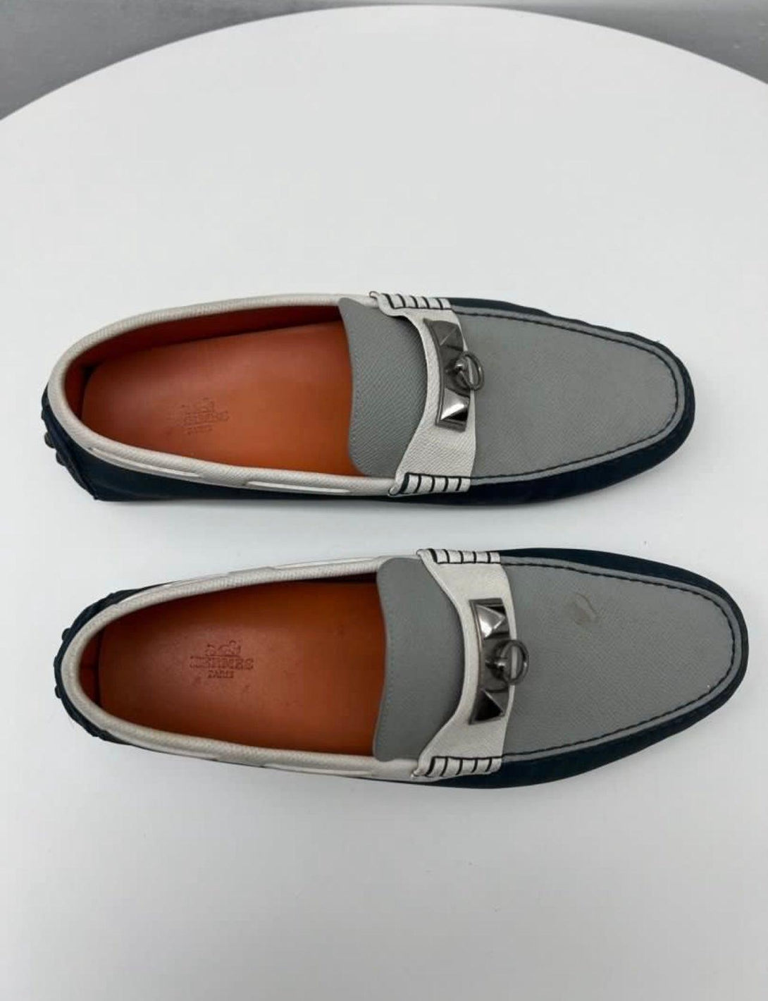 HERMES Epsom Mens Irving Driving Moccasin Loafers Bleu Glacier Blanc Colvert Size 43 - Reeluxs 