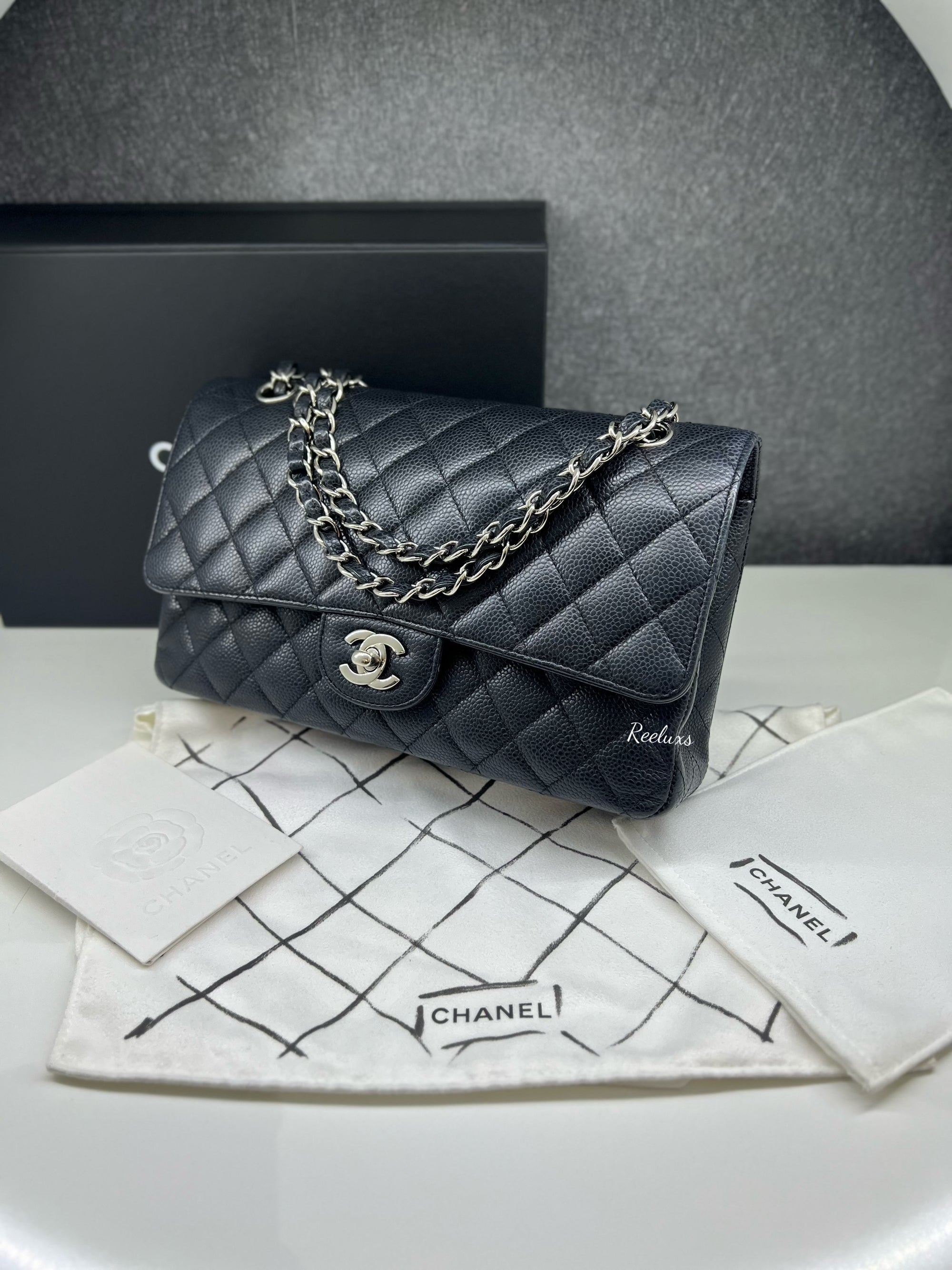 CHANEL Black Caviar Skin Classic Double Flap SHW Shoulder Bag