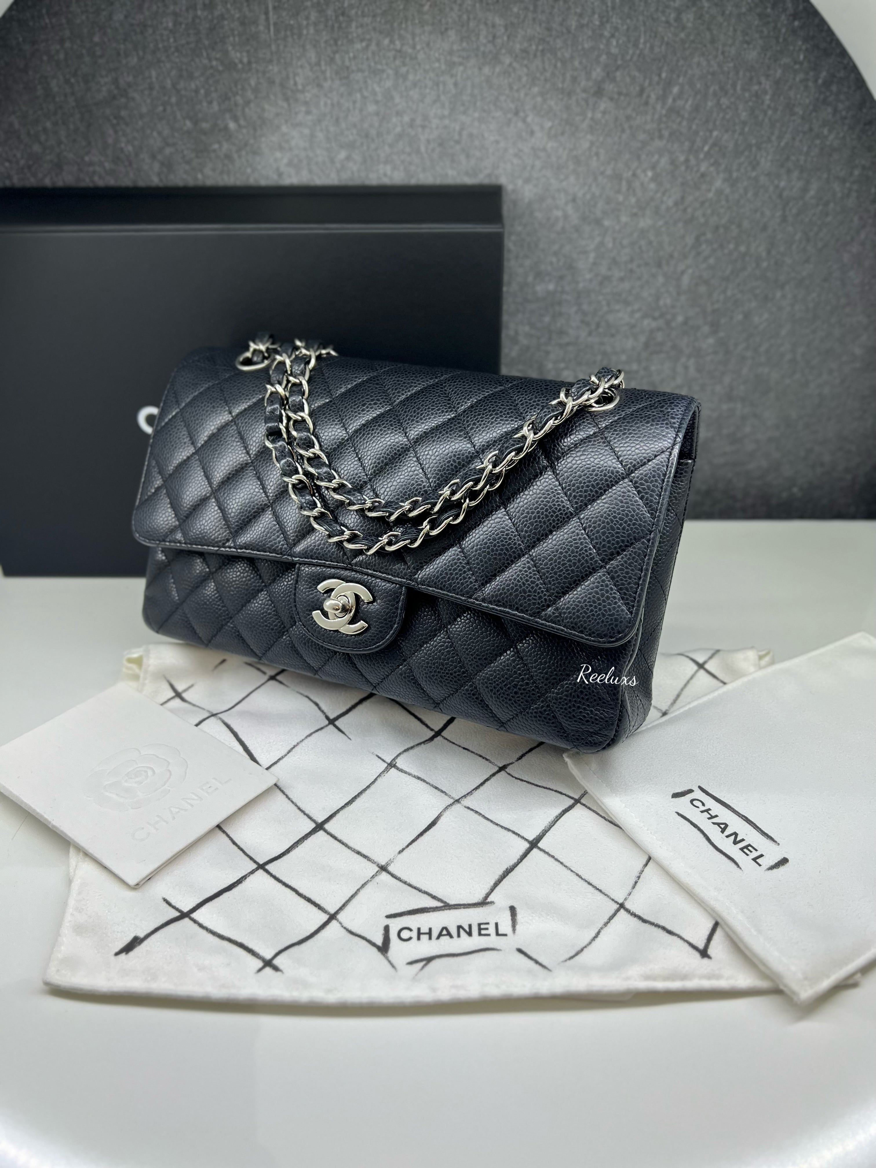 CHANEL Black Caviar Skin Classic Double Flap SHW Shoulder Bag