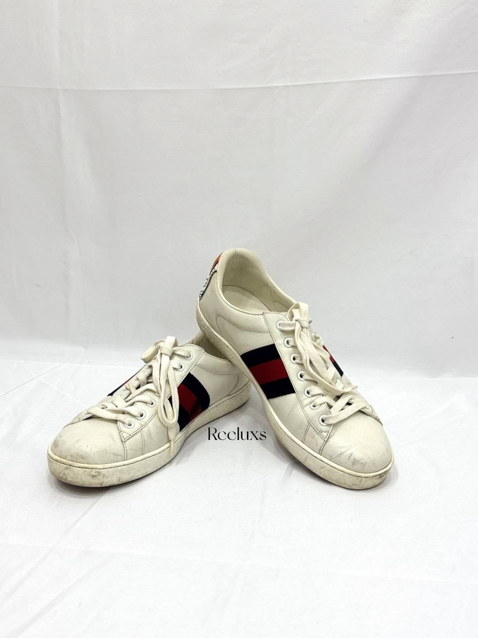 GUCCI Ace White Leather Lace Up Sneaker Blue, Red Stripe Men's Shoes Size 7