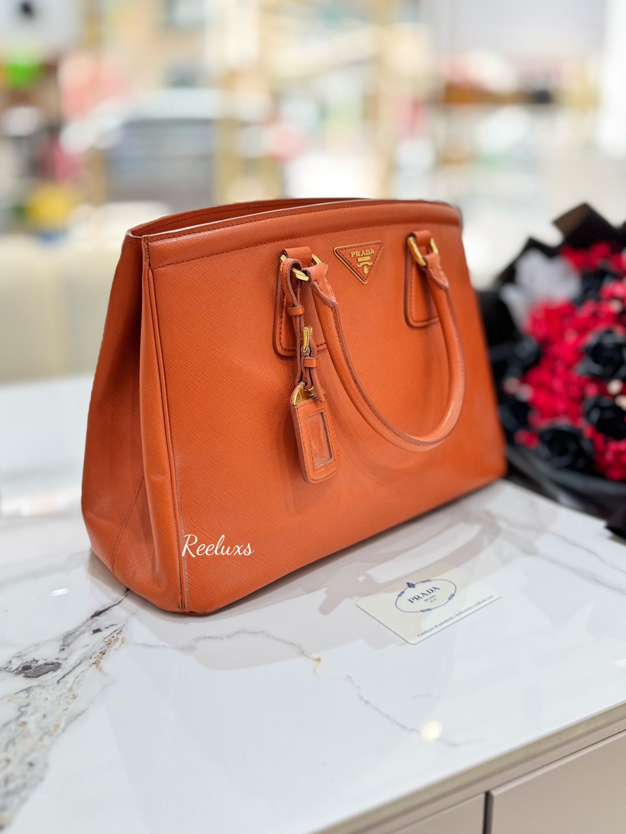 PRADA Papaya Saffiano Lux Leather Parabole Tote Handbag