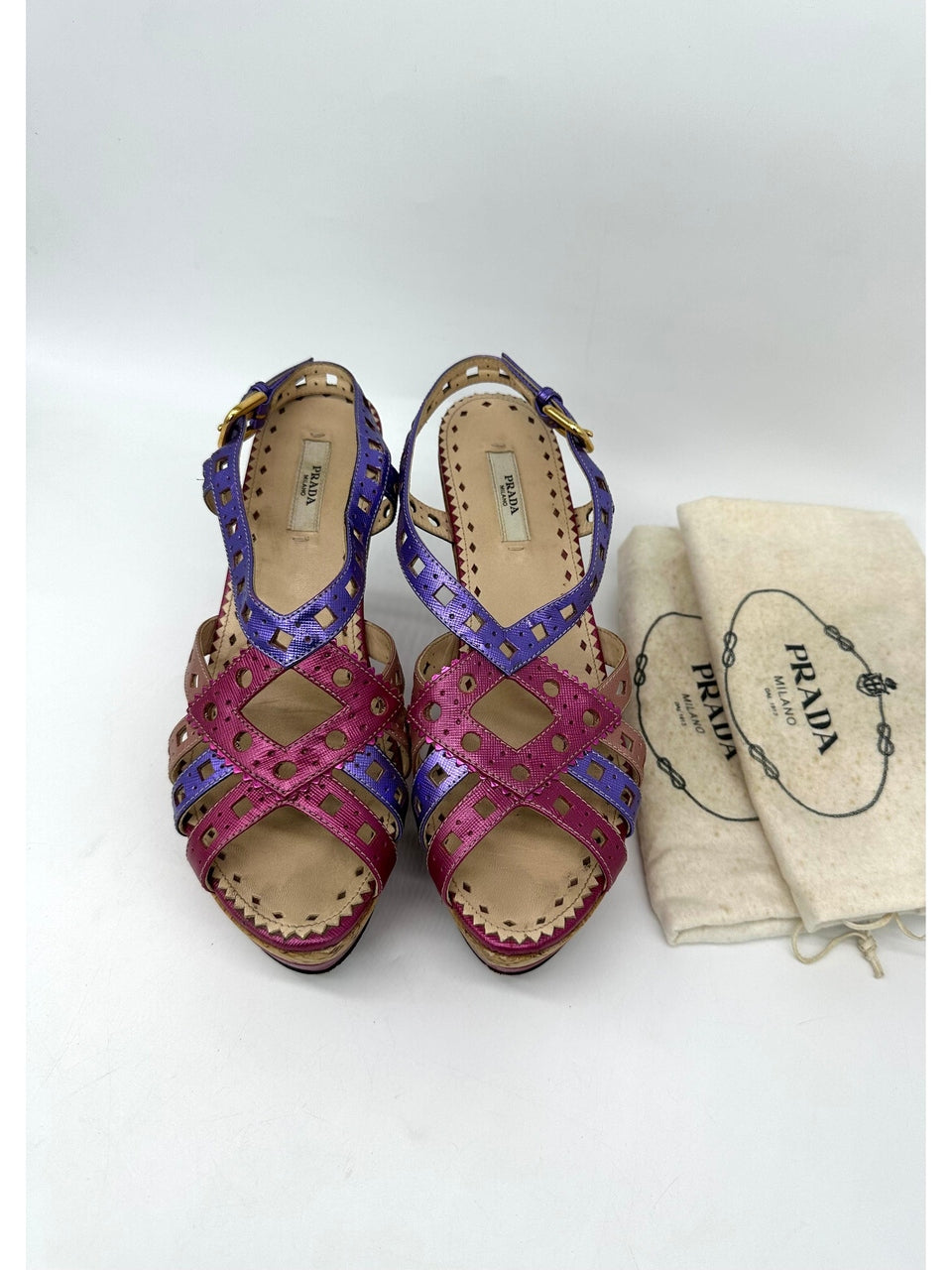 PRADA Multicolor Leather Cork Heel Platform Slingback Sandals Size381/2 - Reeluxs 