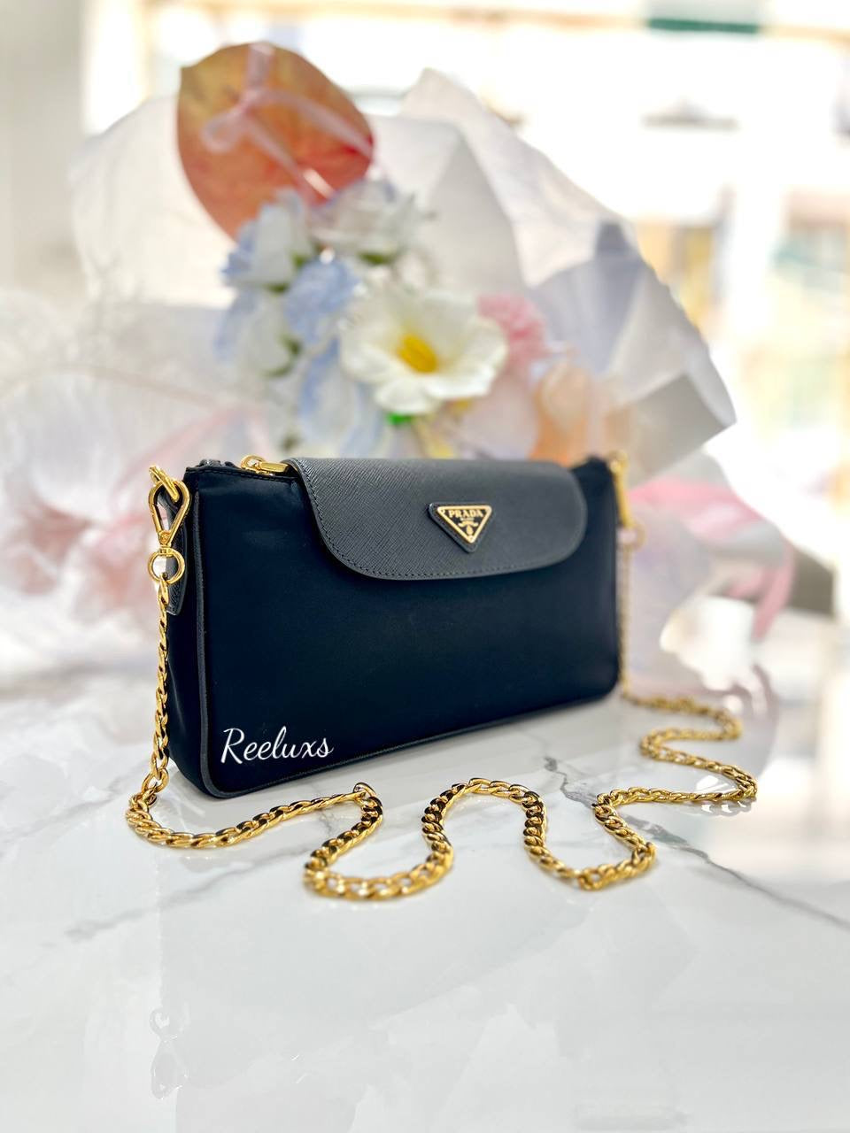 PRADA Black Tessuto Nylon Saffiano Trim Chain Crossbody Handbag
