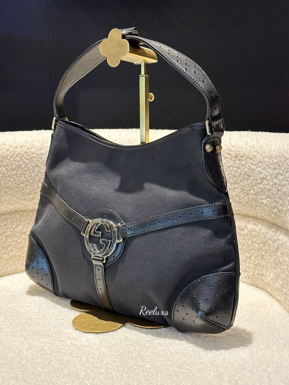 GUCCI  Black Canvas Reins Shoulder Bag