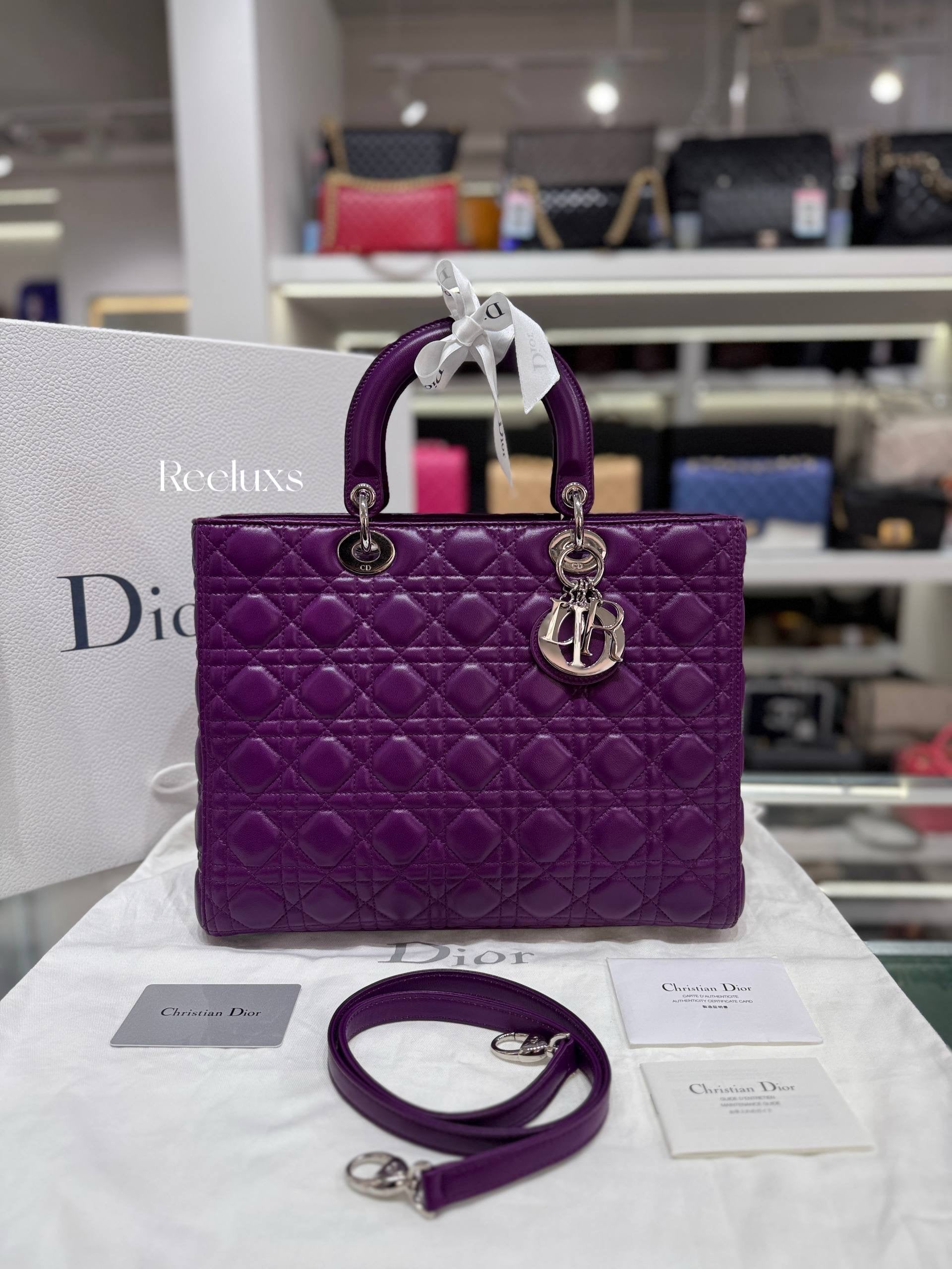 Christian Dior Large Lady Dior Bag Purple Lambskin Full Set
