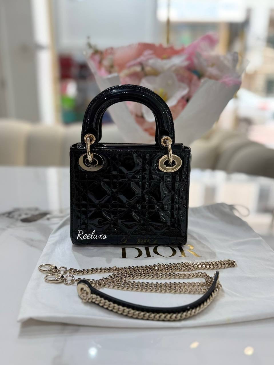 DIOR Mini Lady Dior Black Patent  Leather Hand Bag