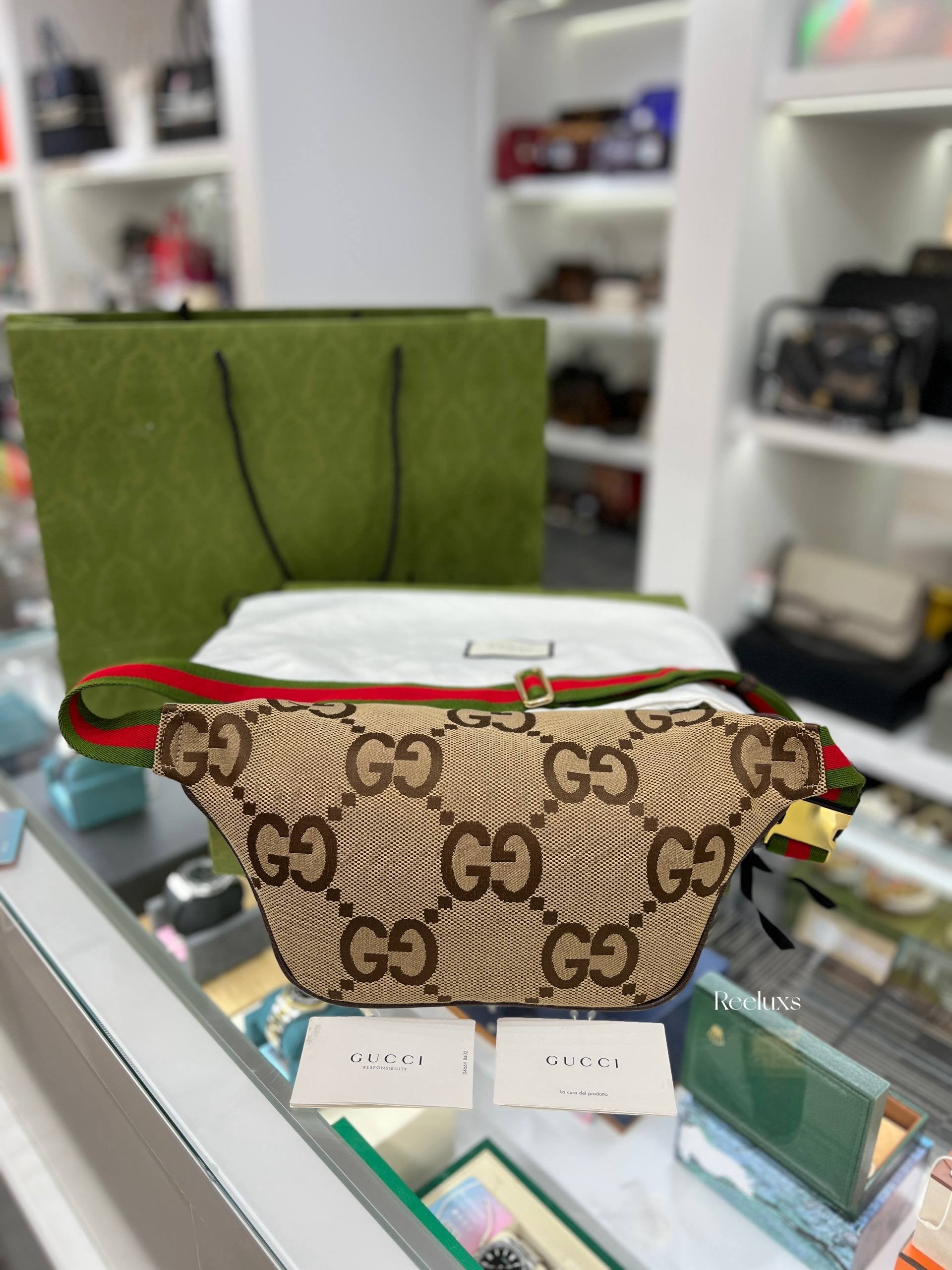Full Set GUCCI Jumbo GG Belt Bag in Camel and Ebony Canvas