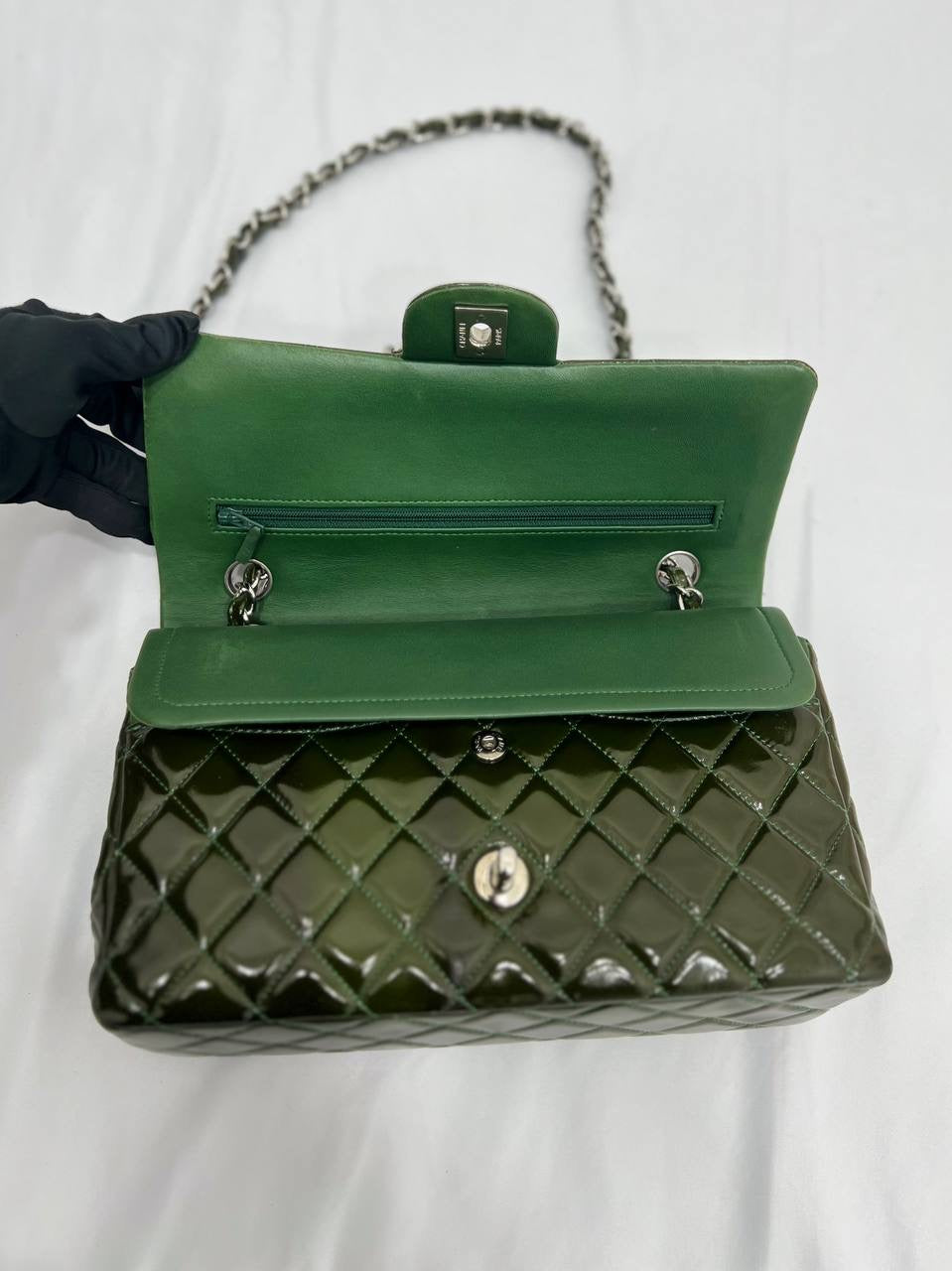 CHANEL Green Quilted Patent Leather Classic Medium Double Flap Bag