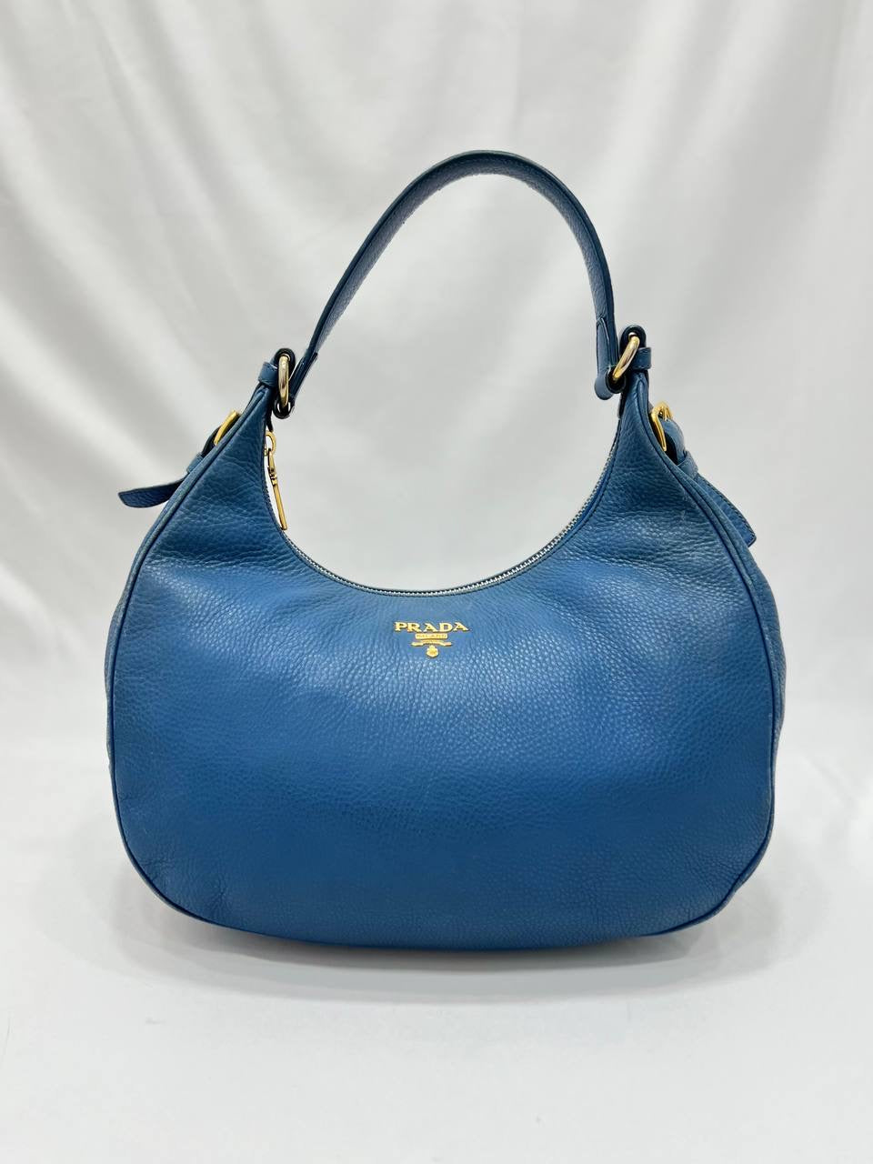 PRADA Blue Pebbled Leather Hobo Women Shoulder Bag