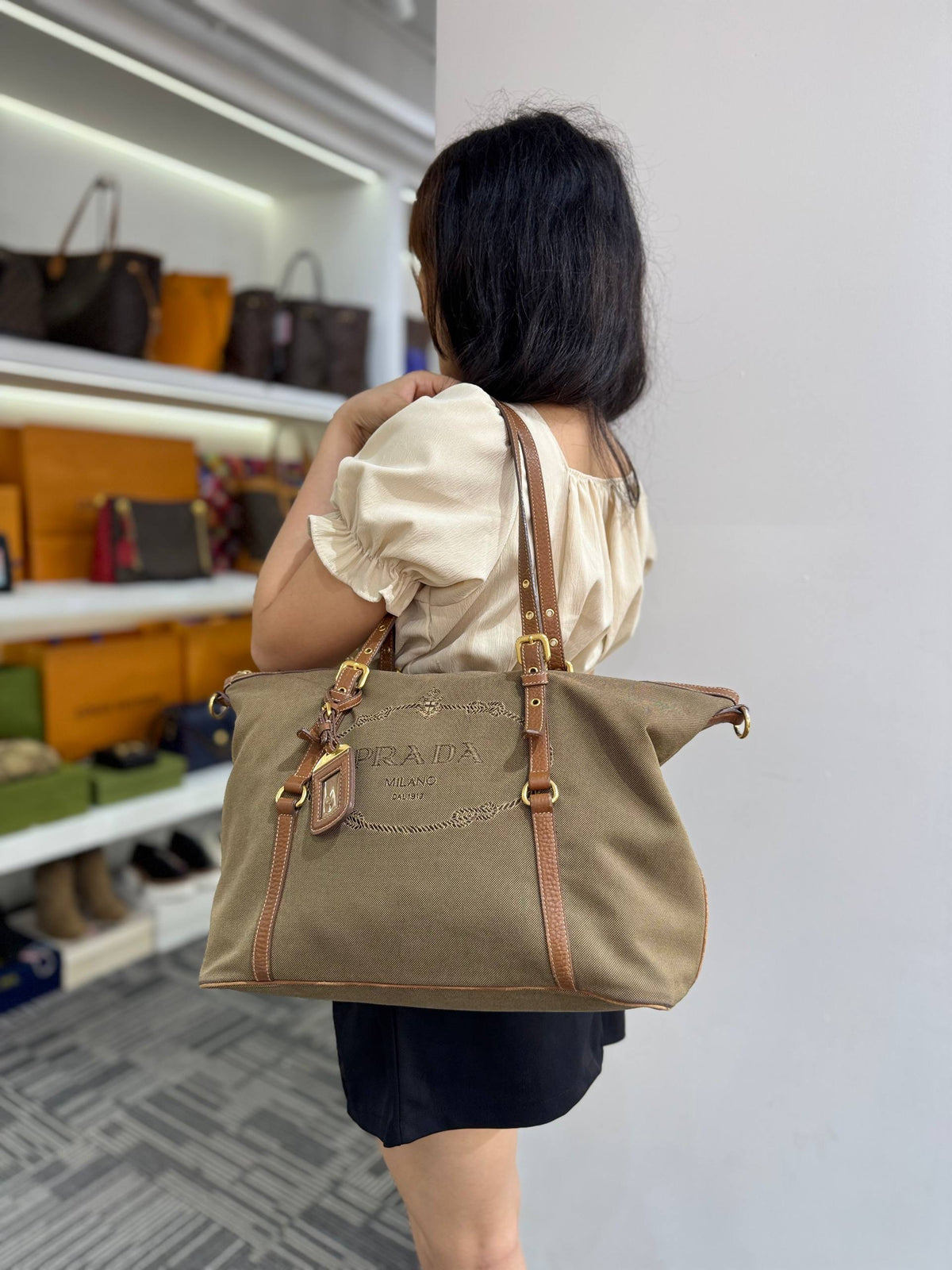 PRADA Vintage Logo Jacquard Canvas Brown Leather Tote Bag
