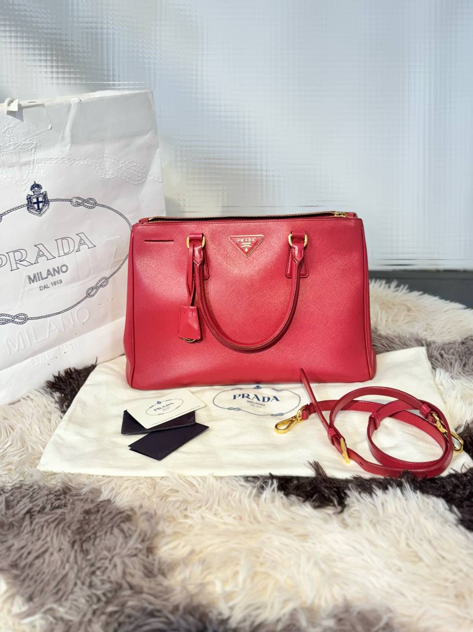 PRADA Saffiano Leather Lux Double Zip Medium Tote Handbag