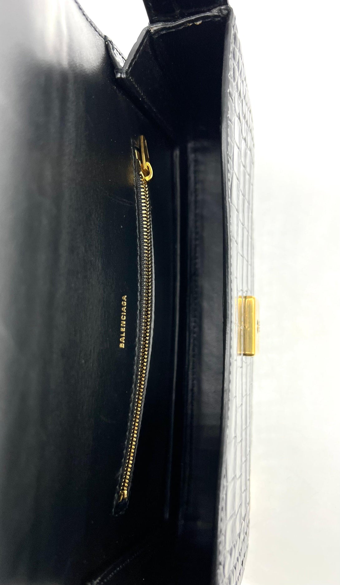 BALENCIAGA Black Crocodile Embossed Leather Ghost Sling Bag - Reeluxs 