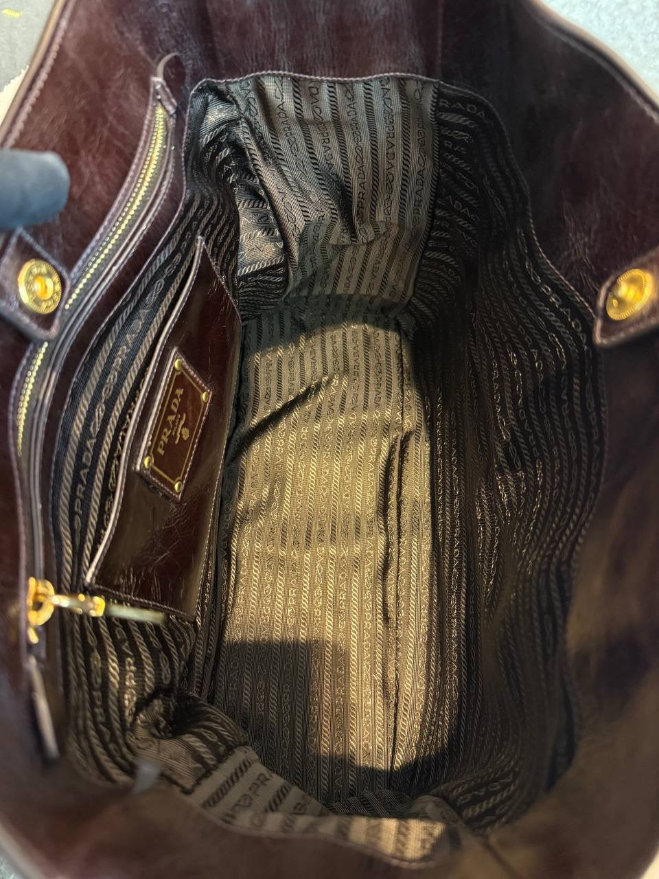 Prada Vitello Shine Tote Bag Brown Leather