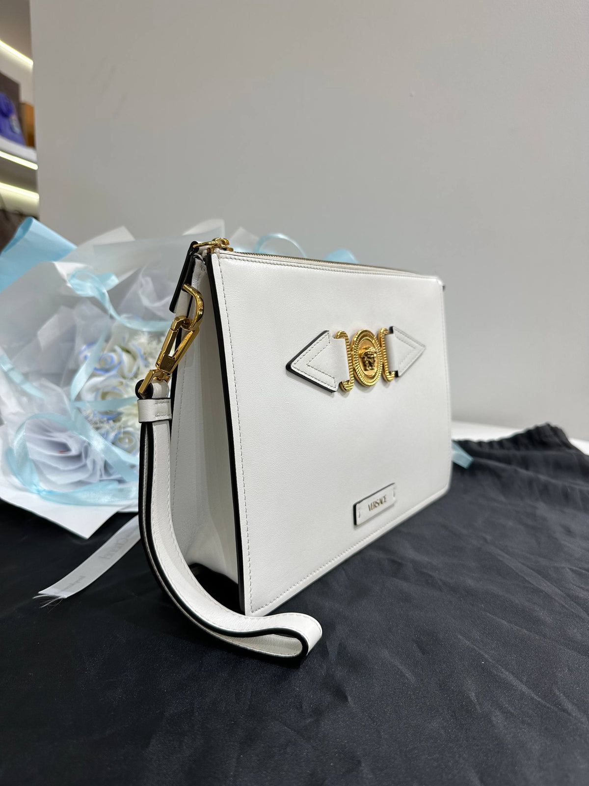 VERSACE White Leather Medusa Biggie Pouch / Clutch Bag