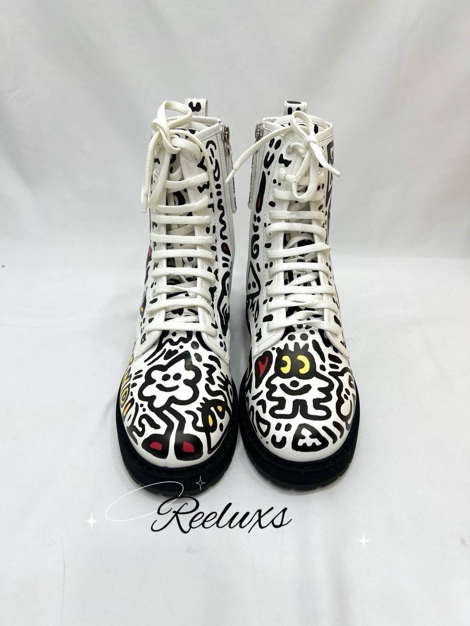 FENDI Mr Doodle Logo Graffiti Print Laced Combat Ankle Boot White