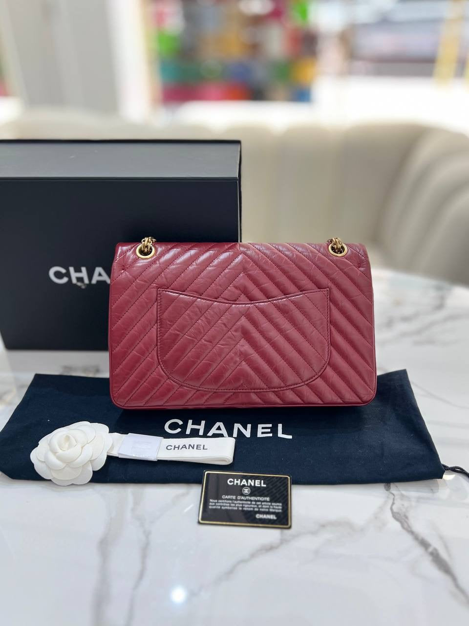 FULL SET CHANEL Chevron Reissue 255 Red Calfskin Double Flap Shoulder Bag GHW
