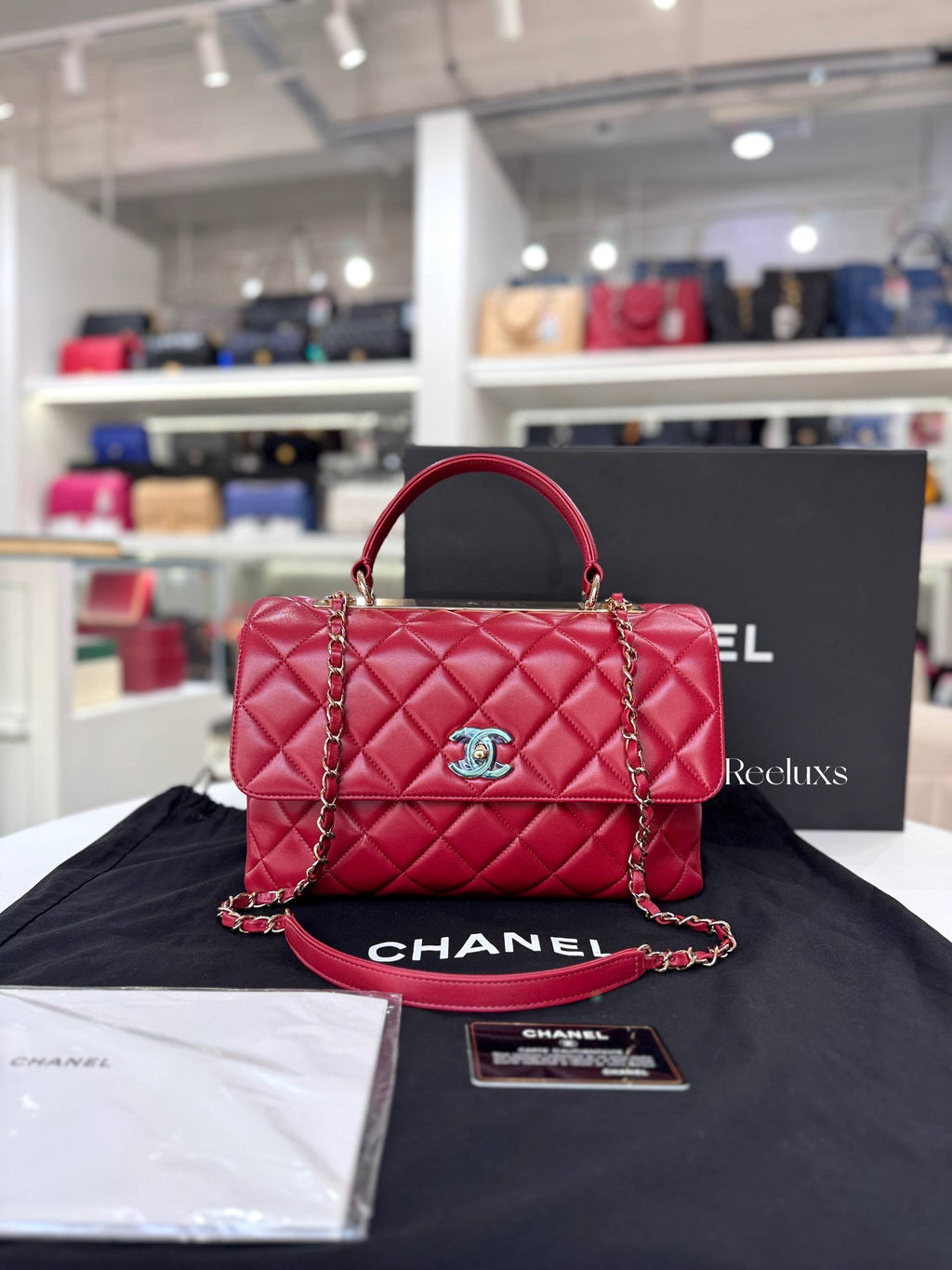 CHANEL Red Quilted Lambskin Medium Trendy CC Bag