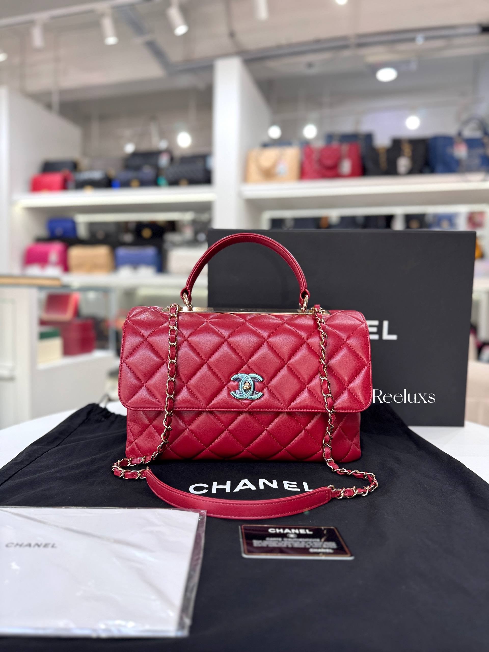 CHANEL Red Quilted Lambskin Medium Trendy CC Bag
