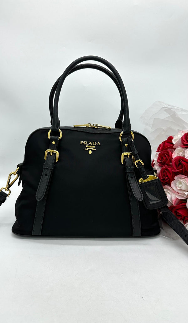 PRADA Womens Black Nylon & Leather Handbag - Reeluxs 