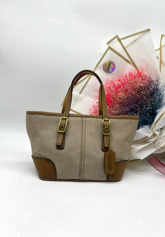 COACH Beige Brown Canvas & Leather Handbag - Reeluxs 