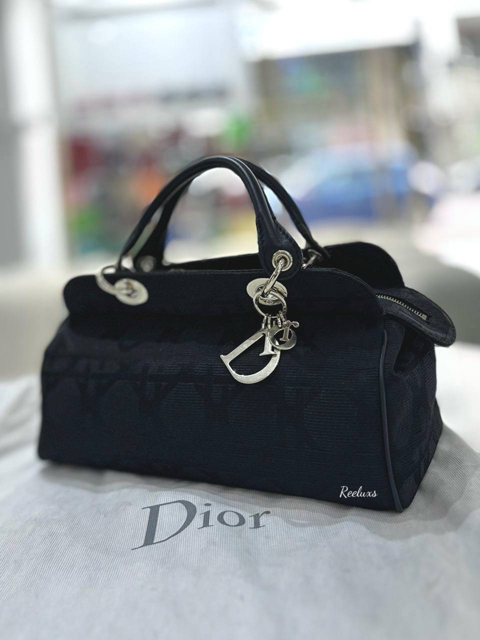 CHRISTIAN DIOR Cannage Handbag Tote Canvas Black Logo Charm