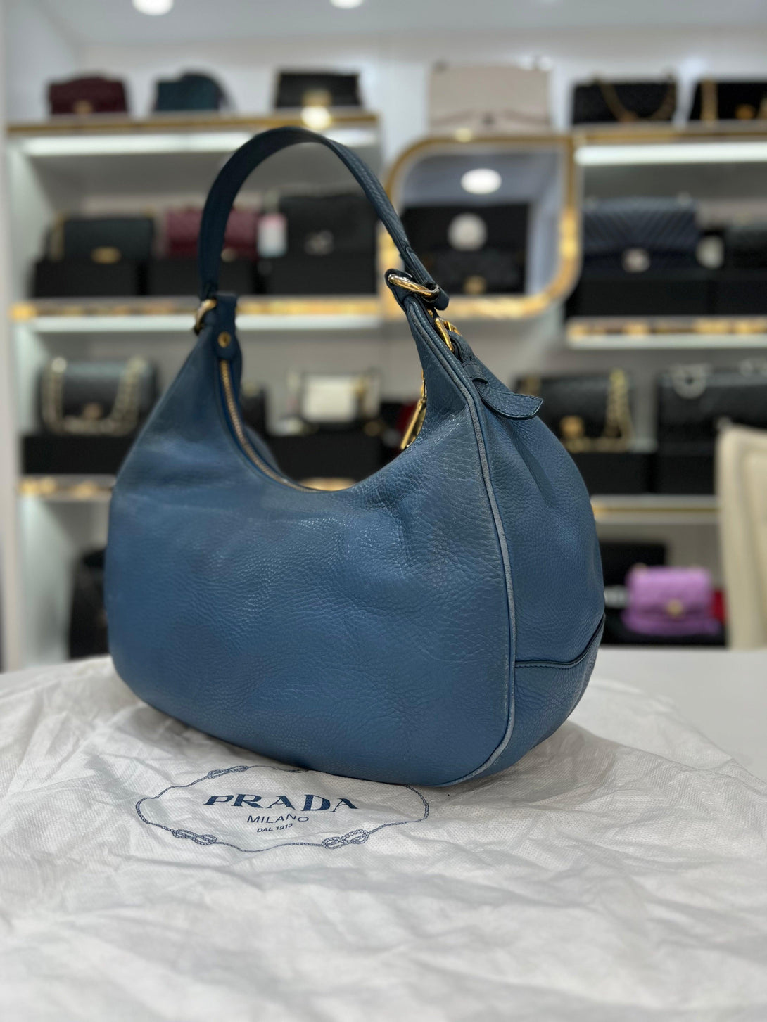 PRADA Blue Pebbled Leather Hobo Women Shoulder Bag - Reeluxs 