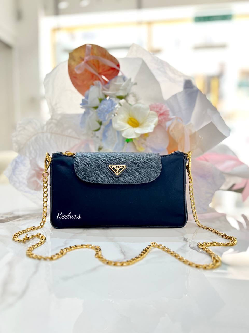 PRADA Black Tessuto Nylon Saffiano Trim Chain Crossbody Handbag