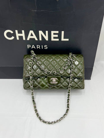 CHANEL Green Quilted Patent Leather Classic Medium Double Flap Bag