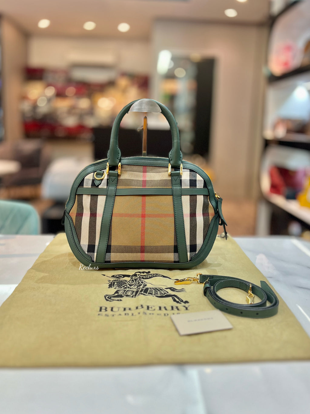 BURBERRY Green/Beige House Check Fabric and Leather Orchard Bowler Bag