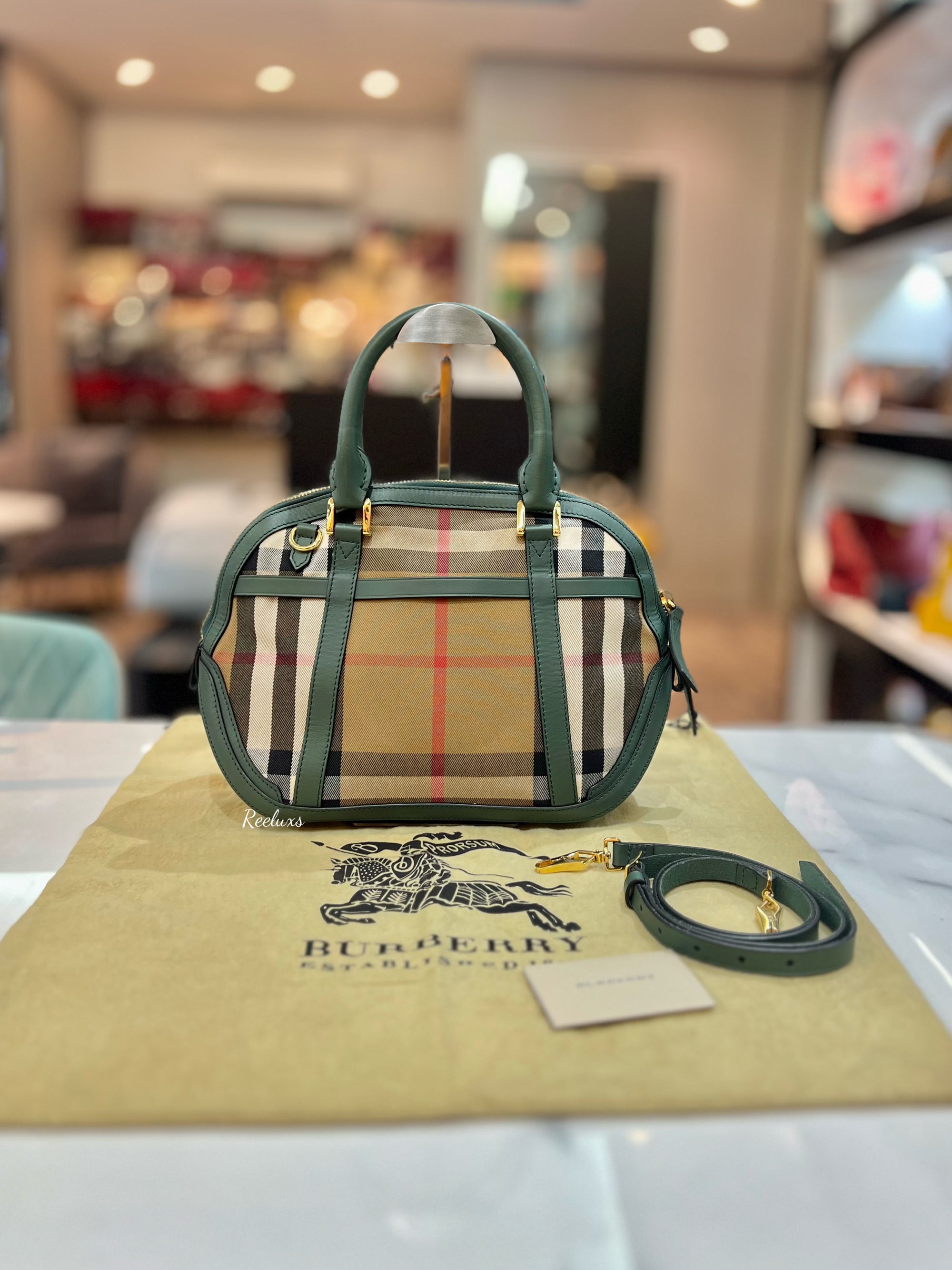 BURBERRY Green/Beige House Check Fabric and Leather Orchard Bowler Bag