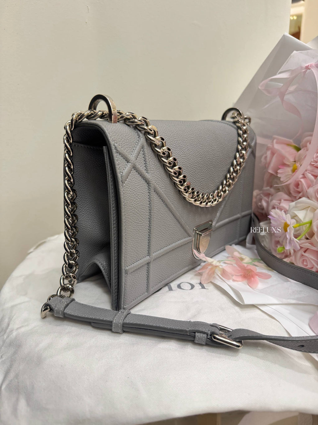 CHRISTIAN DIOR Diorama Flap Bag in Grey Grained Calfskin