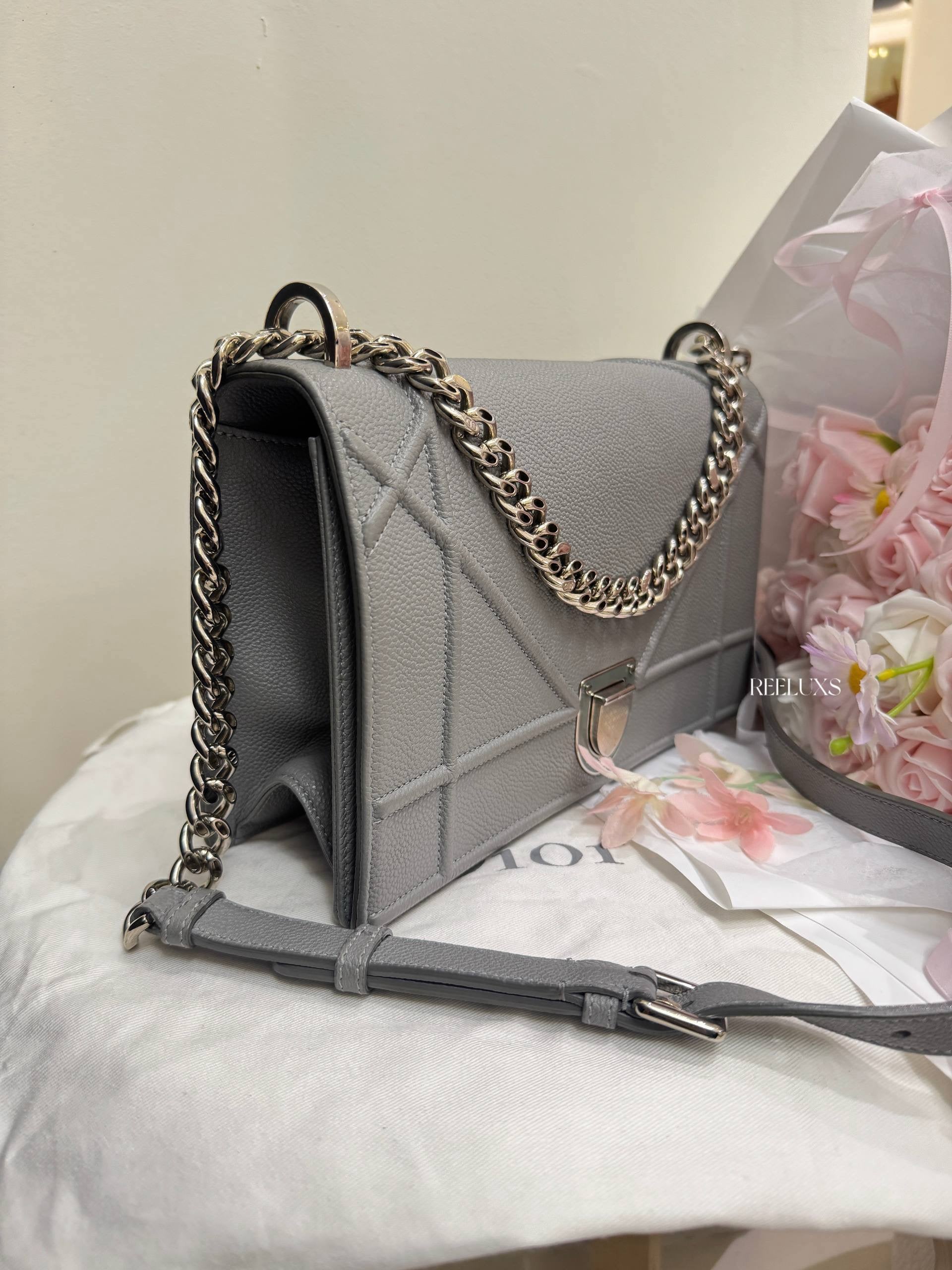 CHRISTIAN DIOR Diorama Flap Bag in Grey Grained Calfskin