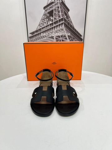 Hermes Women Black Noir Leather Santorini Sandals - Reeluxs 