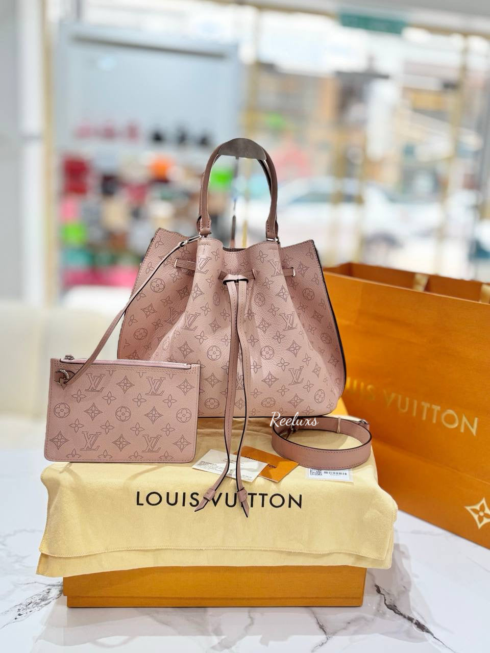 FULLSET LOUIS VUITTON LV Pink Girolata Mahina Leather Handbag