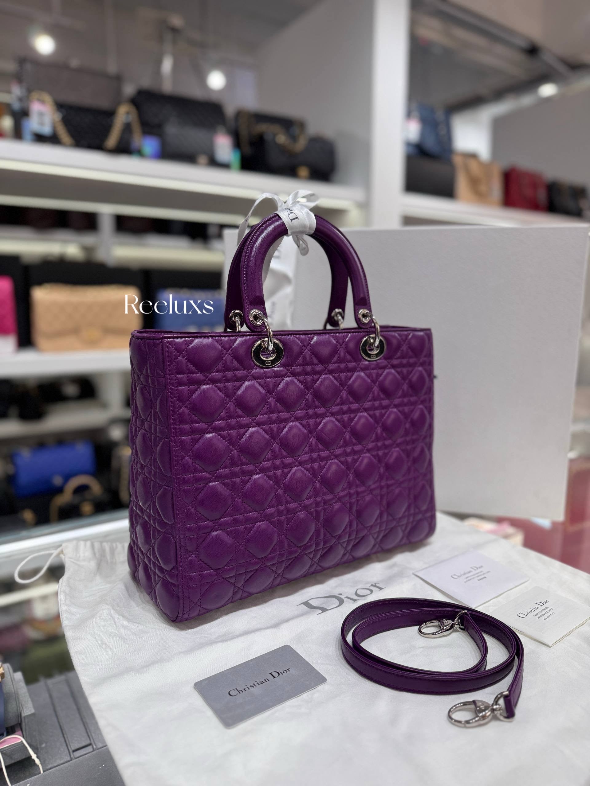 Christian Dior Large Lady Dior Bag Purple Lambskin Full Set