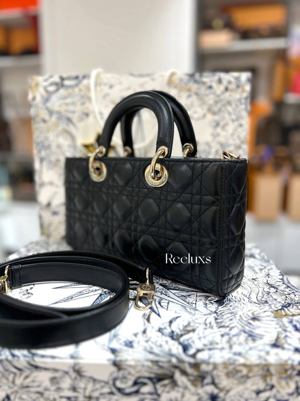 Full Set  DIOR-Medium Lady D-Joy Bag Black Cannage Calfskin with Diamond Motif