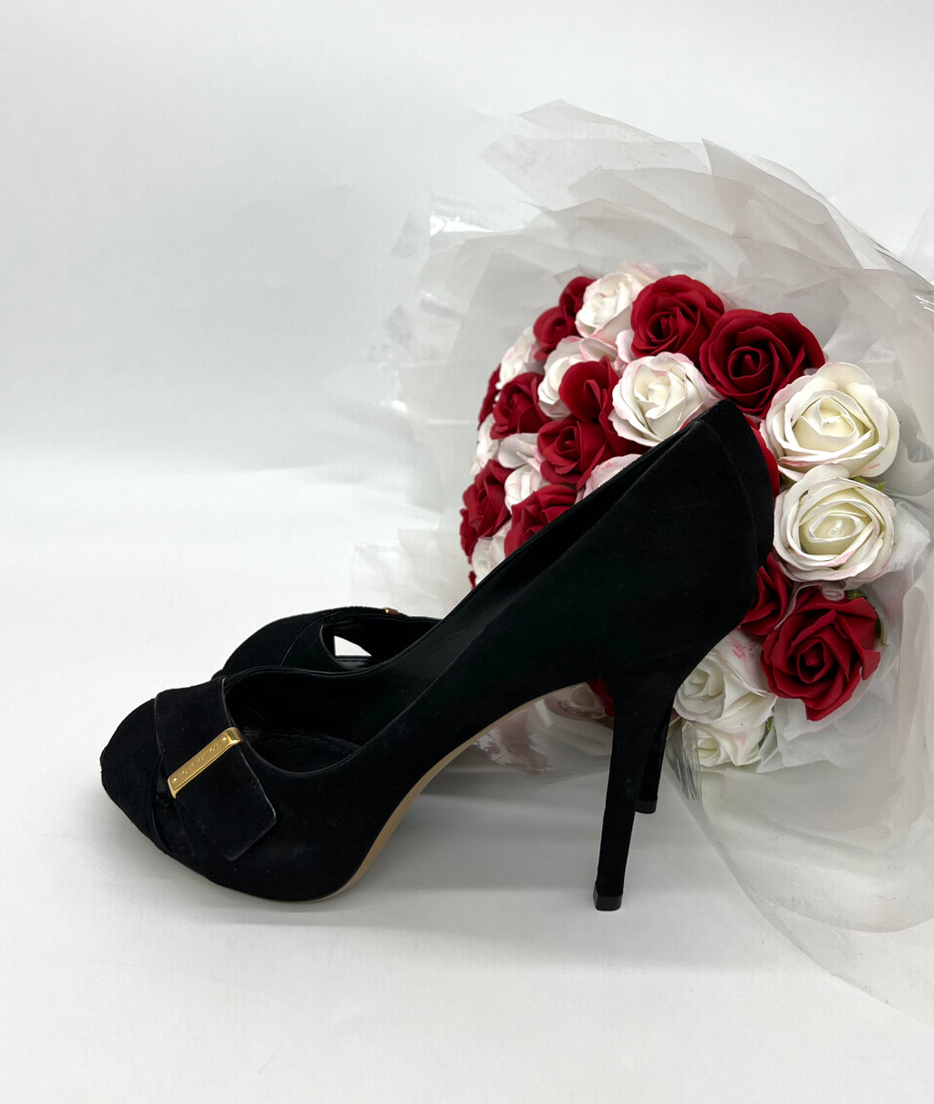 Louis Vuitton Black Nubuck Peep Toe Pumps Gold Logo Size 36 1/2 - Reeluxs 